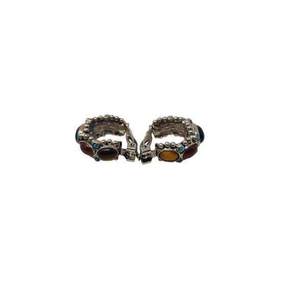 Vintage R.J. Graziano Silver Metal Tiger Eye & Turquoise Half Hoop Clip-On Earri - Picture 8 of 9